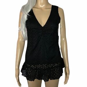 NWT Tulle Black Eyelet Peplum Cotton V-Neck Tank Medium